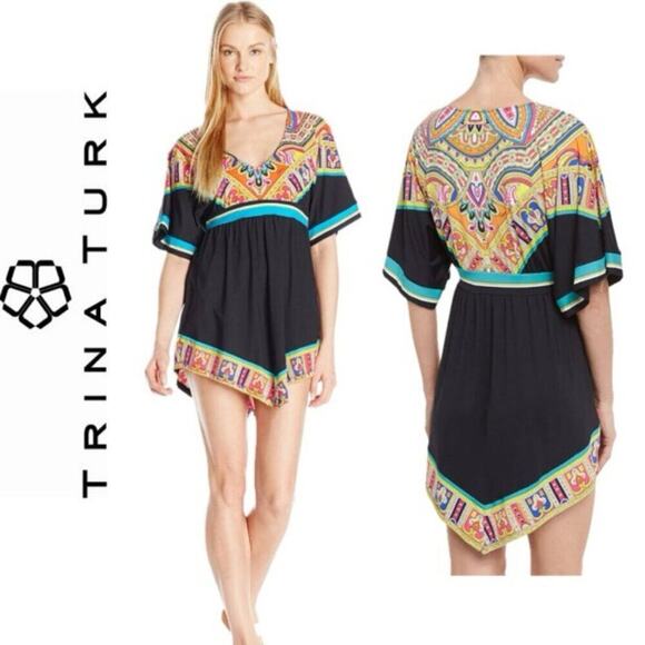 TRINA TURK MINI DRESS NEPAL TUNIC SIZE S AESTHETIC VERSATILE SUMMER COVER UP - Picture 1 of 16